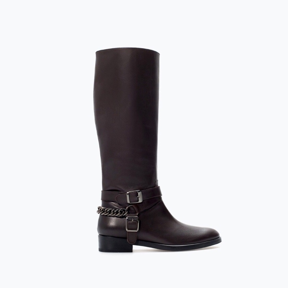 NEW ZARA DARK BROWN LEATHER BOOTS WITH BUCKLES SIZE10M